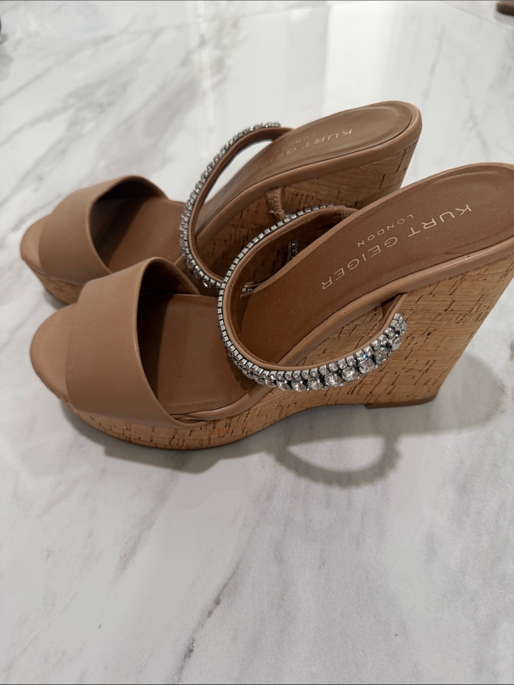 Kurt Geiger Tan Wedge Sandals with Crystal Straps - Picture 4 of 7